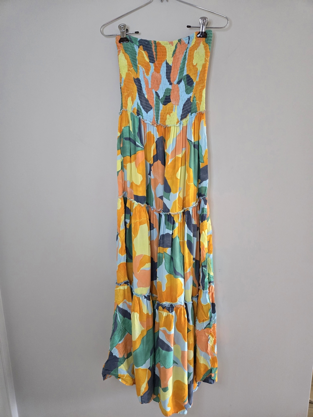 Abel the Label strapless multi-colour tiered maxi dress, yellow, green, coral